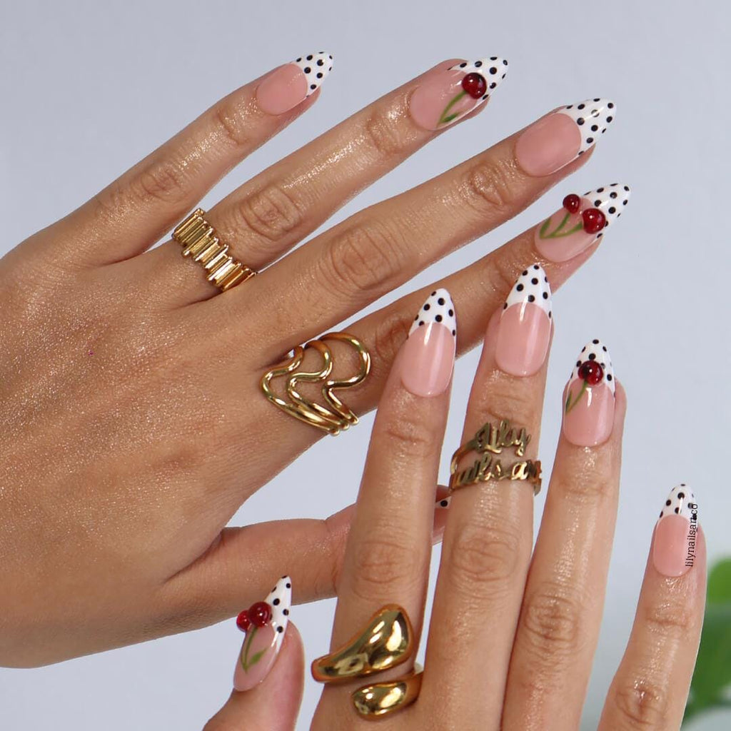 Polka Dot Press On Nails in Black & White, Medium Almond Fake Nails with 3D Cherry, Custom Handmade Nail Art for Retro Summer Look