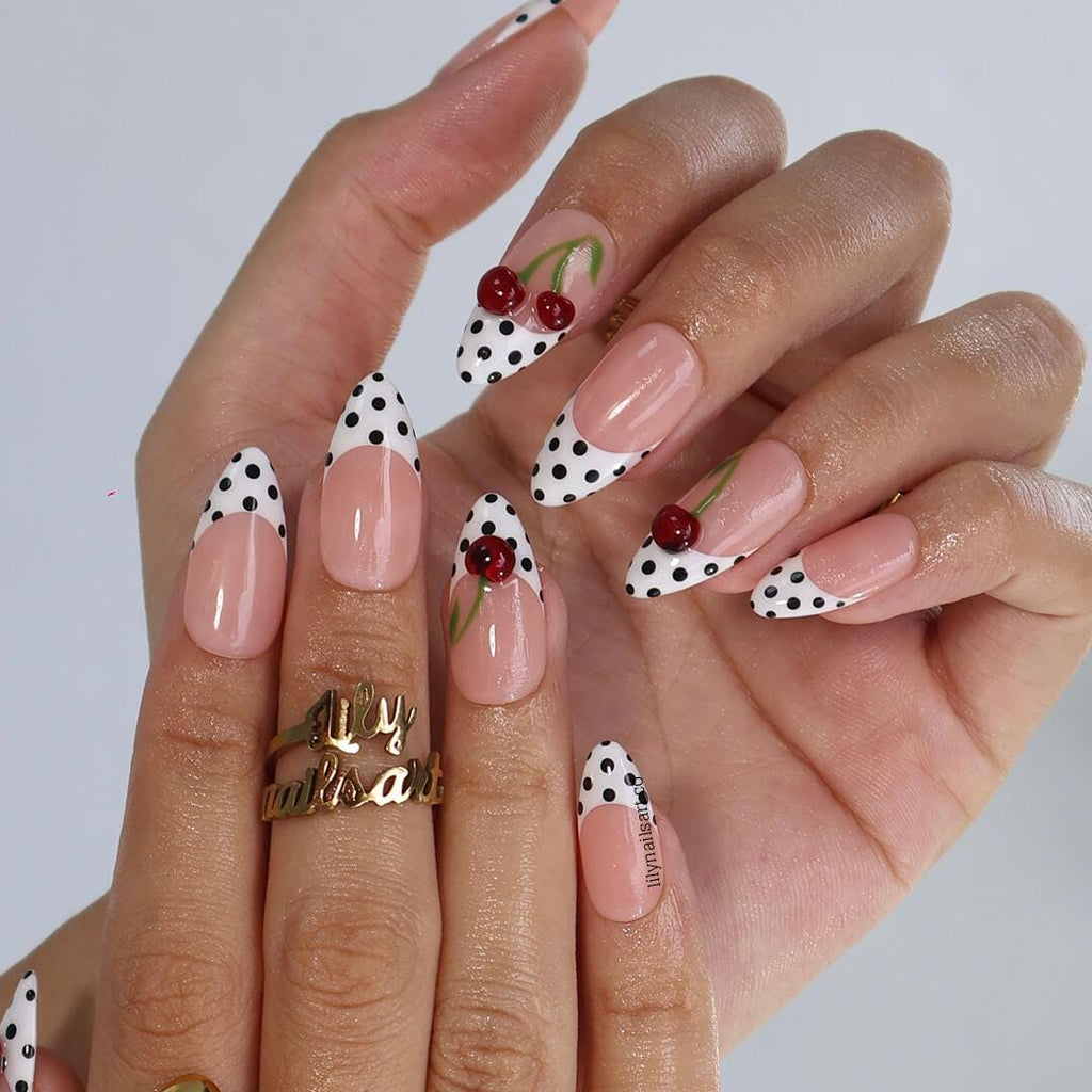 Polka Dot Press On Nails in Black & White, Medium Almond Fake Nails with 3D Cherry, Custom Handmade Nail Art for Retro Summer Look