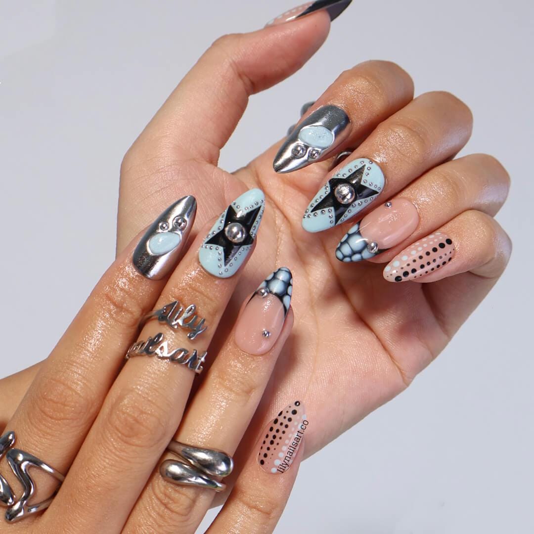Trending Polka Dot Press On Nails in Blue & Silver Chrome, Medium Almond Black and White Fake Nails, Custom Nail Art for Party or Night Out