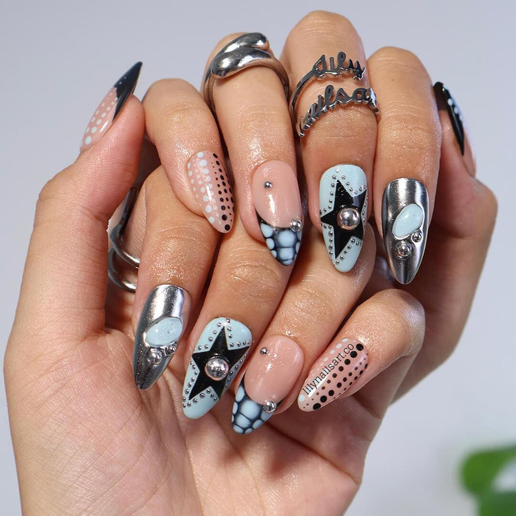Trending Polka Dot Press On Nails in Blue & Silver Chrome, Medium Almond Black and White Fake Nails, Custom Nail Art for Party or Night Out