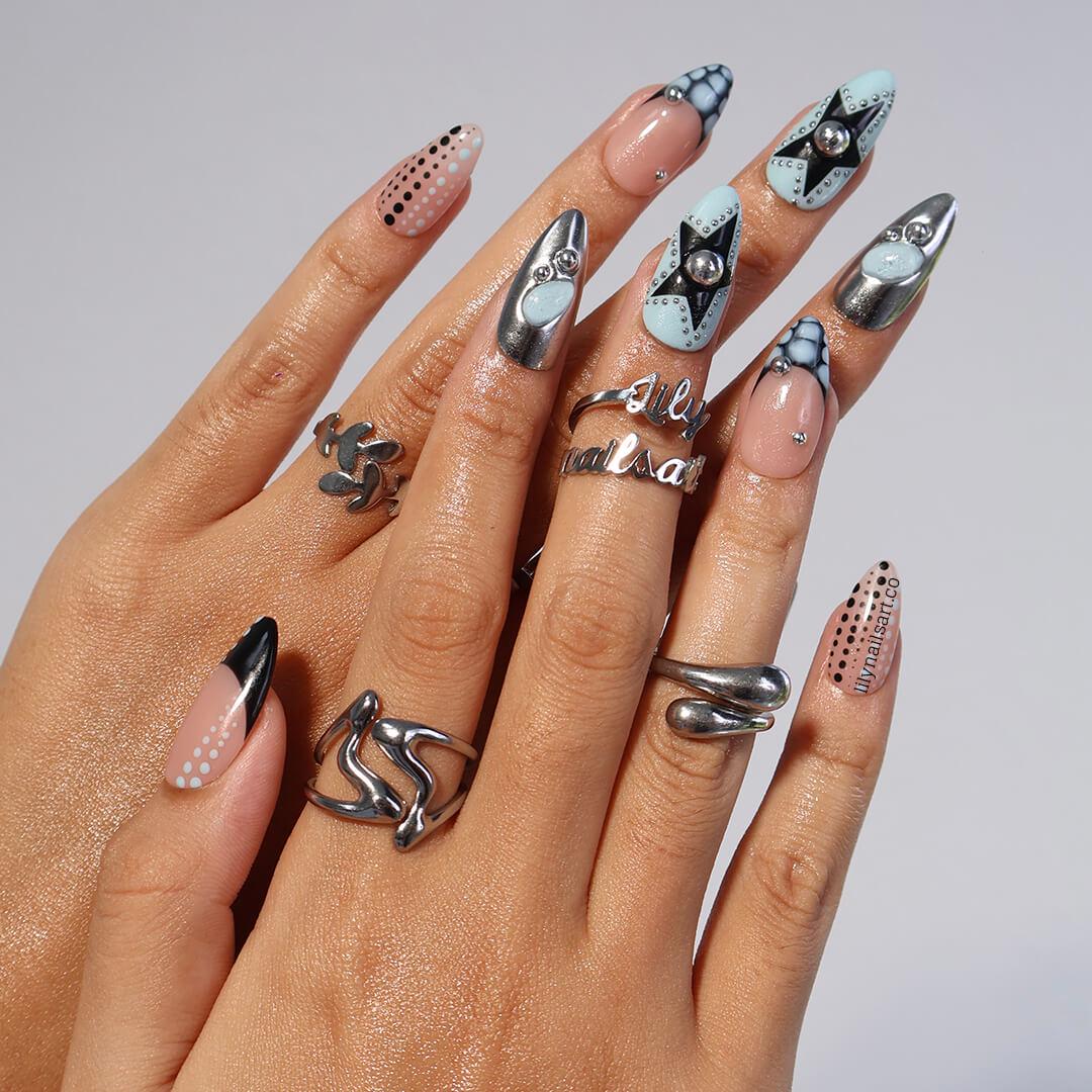 Trending Polka Dot Press On Nails in Blue & Silver Chrome, Medium Almond Black and White Fake Nails, Custom Nail Art for Party or Night Out