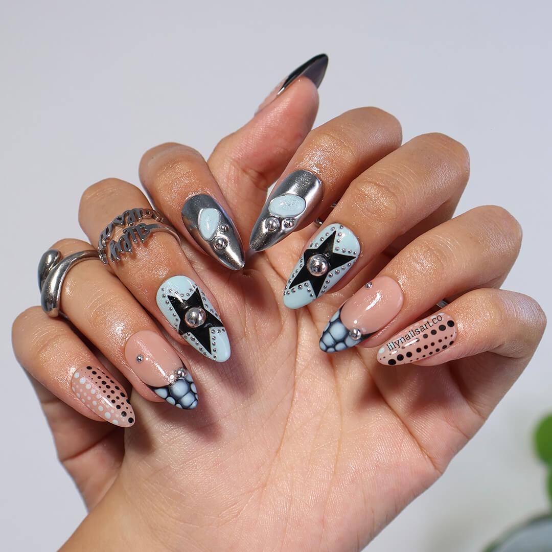 Trending Polka Dot Press On Nails in Blue & Silver Chrome, Medium Almond Black and White Fake Nails, Custom Nail Art for Party or Night Out