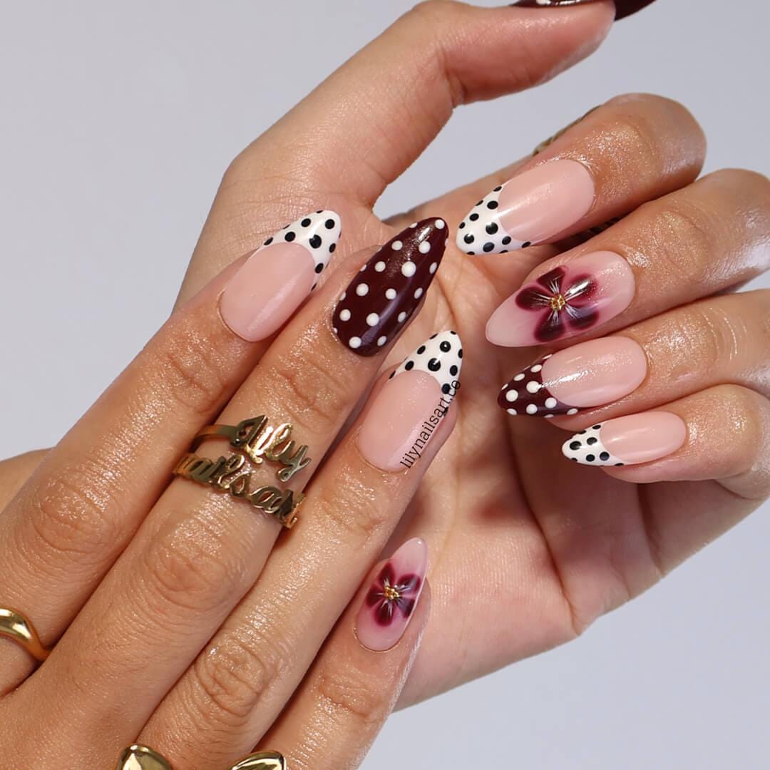 Polka Dot Press On Nails in Burgundy & White, Medium Almond Floral Accents French Tip Fake Nails, Custom Nail for Everyday Wear, Holiday