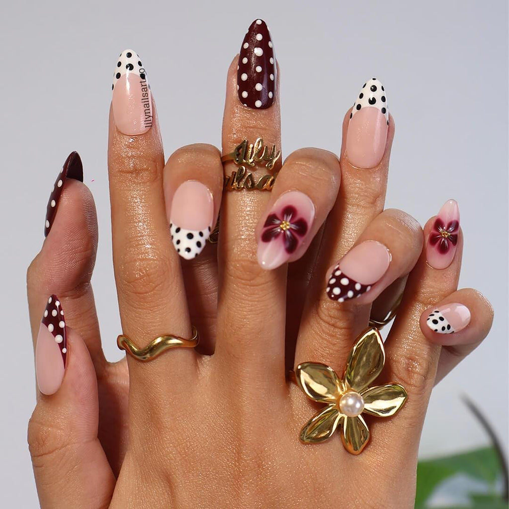 Polka Dot Press On Nails in Burgundy & White, Medium Almond Floral Accents French Tip Fake Nails, Custom Nail for Everyday Wear, Holiday