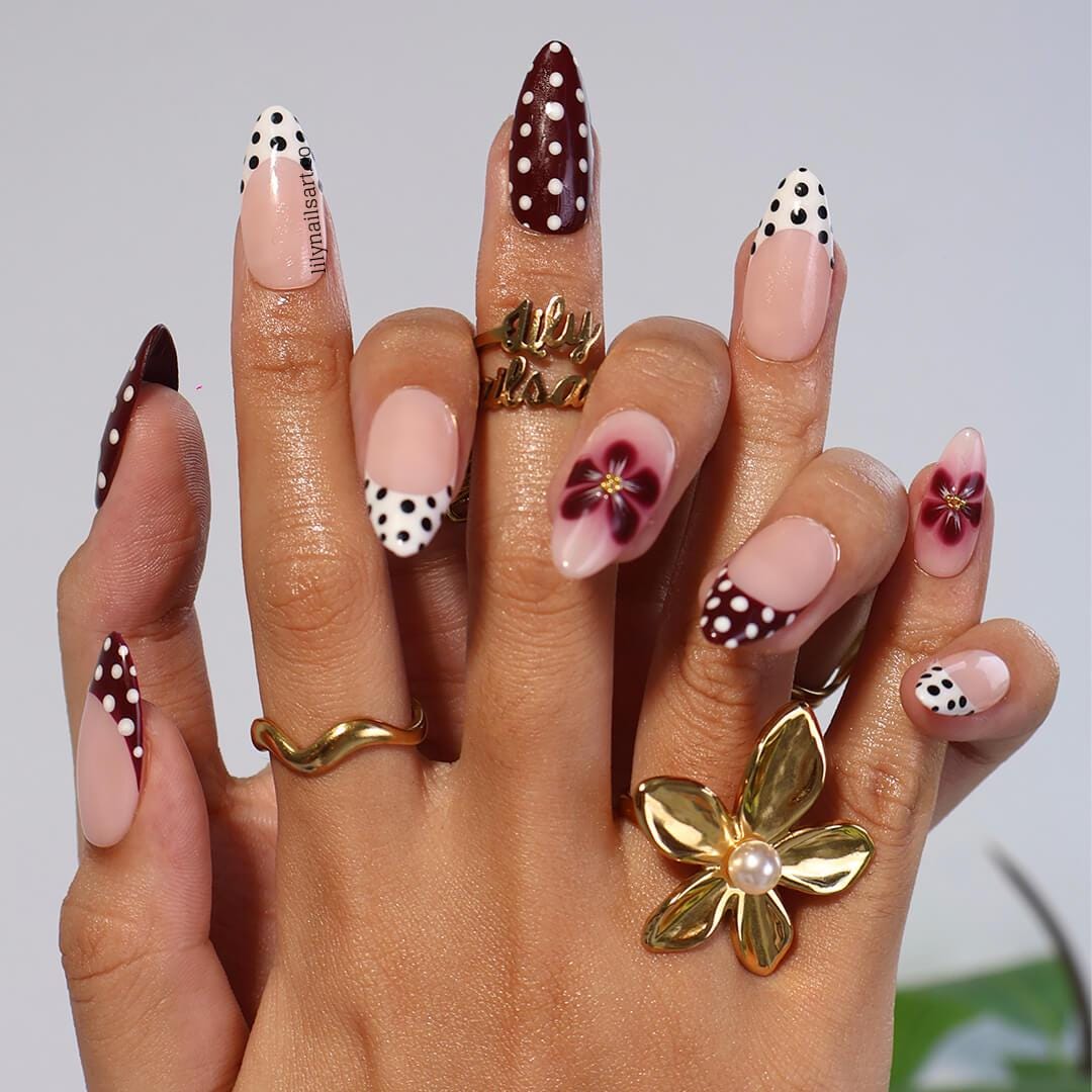 Polka Dot Press On Nails in Burgundy & White, Medium Almond Floral Accents French Tip Fake Nails, Custom Nail for Everyday Wear, Holiday