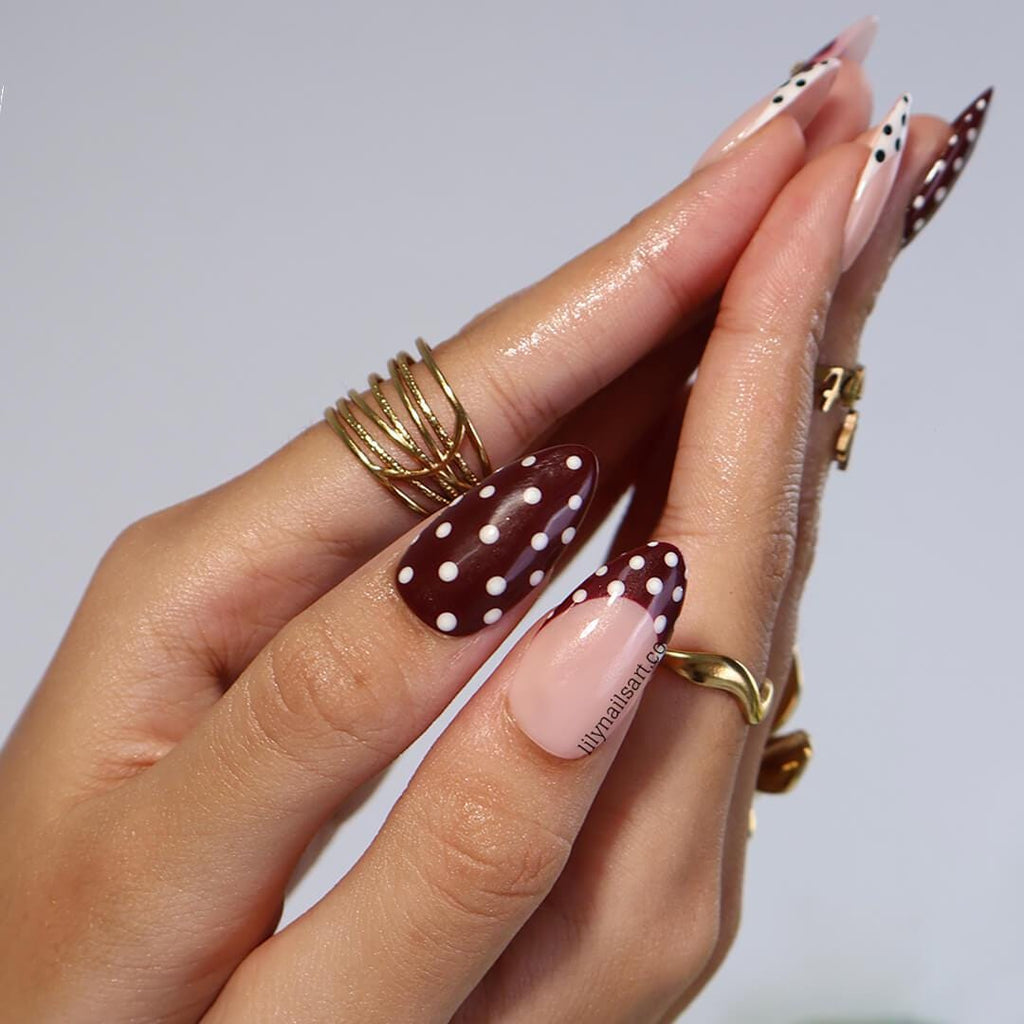 Polka Dot Press On Nails in Burgundy & White, Medium Almond Floral Accents French Tip Fake Nails, Custom Nail for Everyday Wear, Holiday