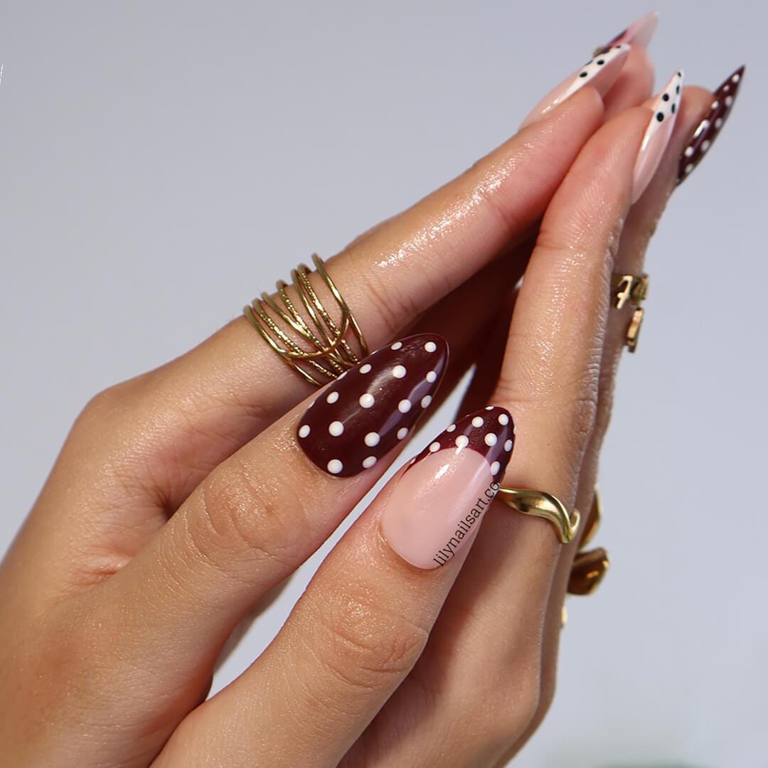 Polka Dot Press On Nails in Burgundy & White, Medium Almond Floral Accents French Tip Fake Nails, Custom Nail for Everyday Wear, Holiday