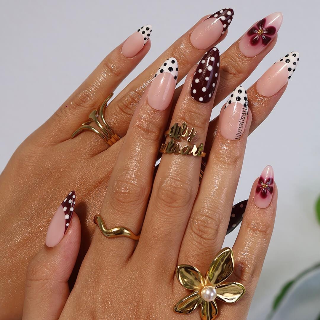 Polka Dot Press On Nails in Burgundy & White, Medium Almond Floral Accents French Tip Fake Nails, Custom Nail for Everyday Wear, Holiday