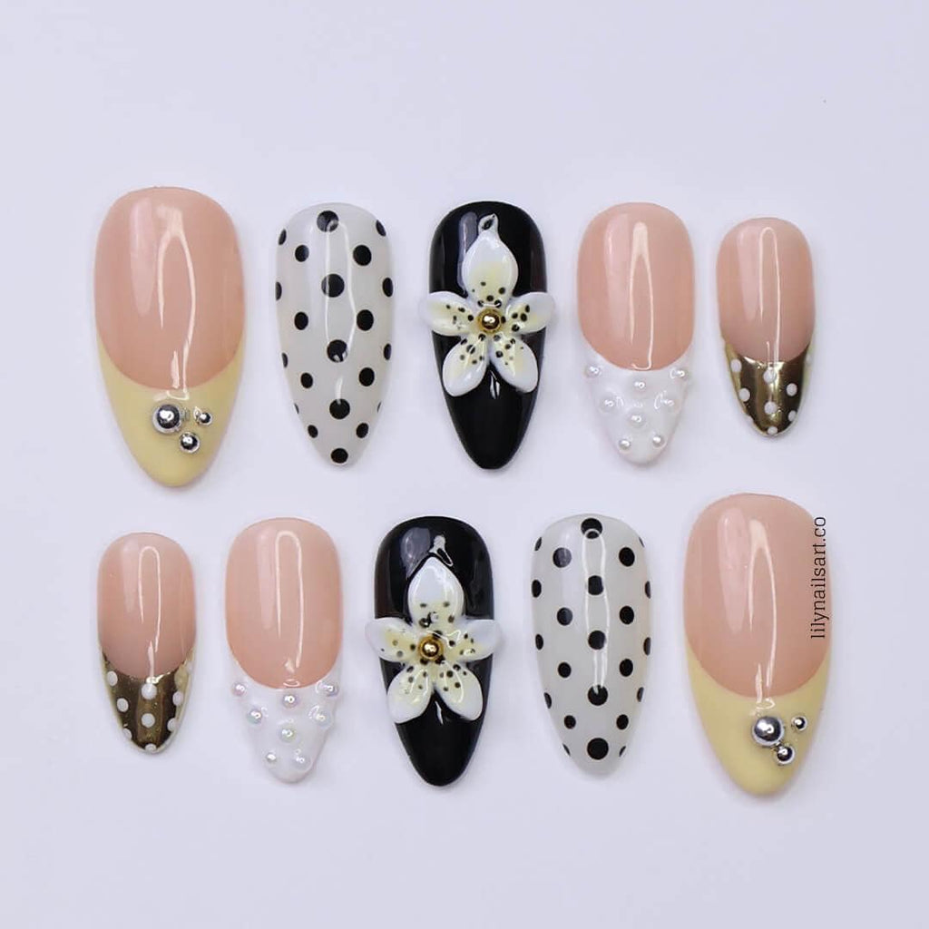 Polka Dot Press on Nail in Trending Yellow Butter, Medium Almond French Tip Fake Nail in Black & White,