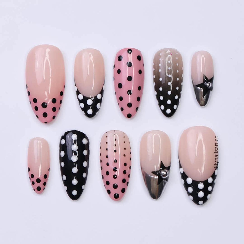 Polka Dot Press On Nails in Pink, Black & Metallic Chrome, Medium Almond Fake Dot Nails, Custom Nail Art for Vintage or Modern Chic Looks