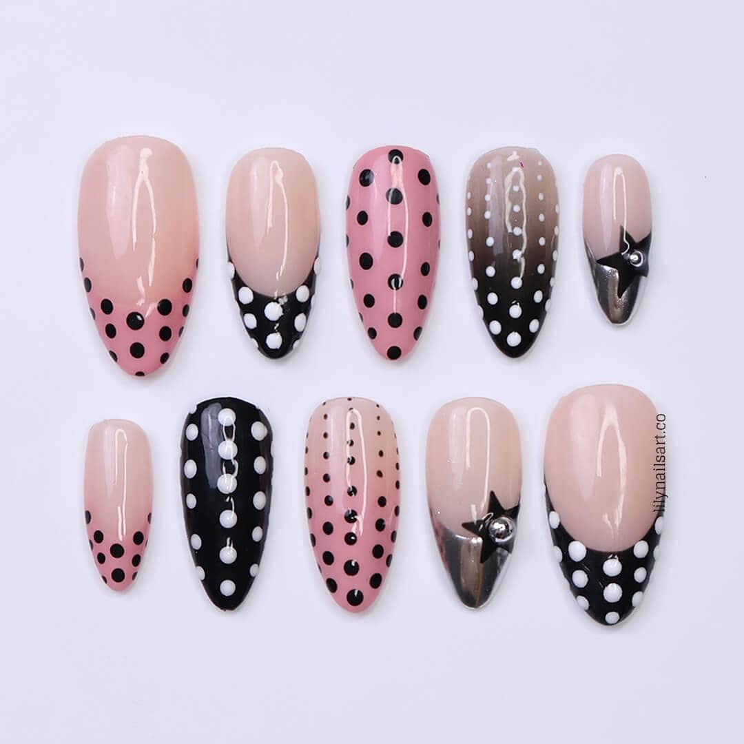 Polka Dot Press On Nails in Pink, Black & Metallic Chrome, Medium Almond Fake Dot Nails, Custom Nail Art for Vintage or Modern Chic Looks