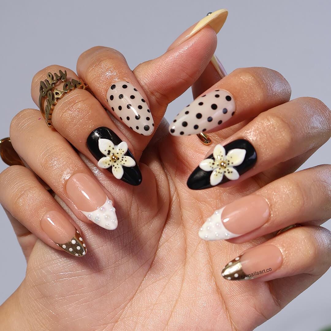 Polka Dot Press on Nail in Trending Yellow Butter, Medium Almond French Tip Fake Nail in Black & White,