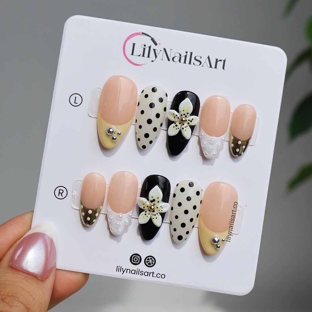 Polka Dot Press on Nail in Trending Yellow Butter, Medium Almond French Tip Fake Nail in Black & White,