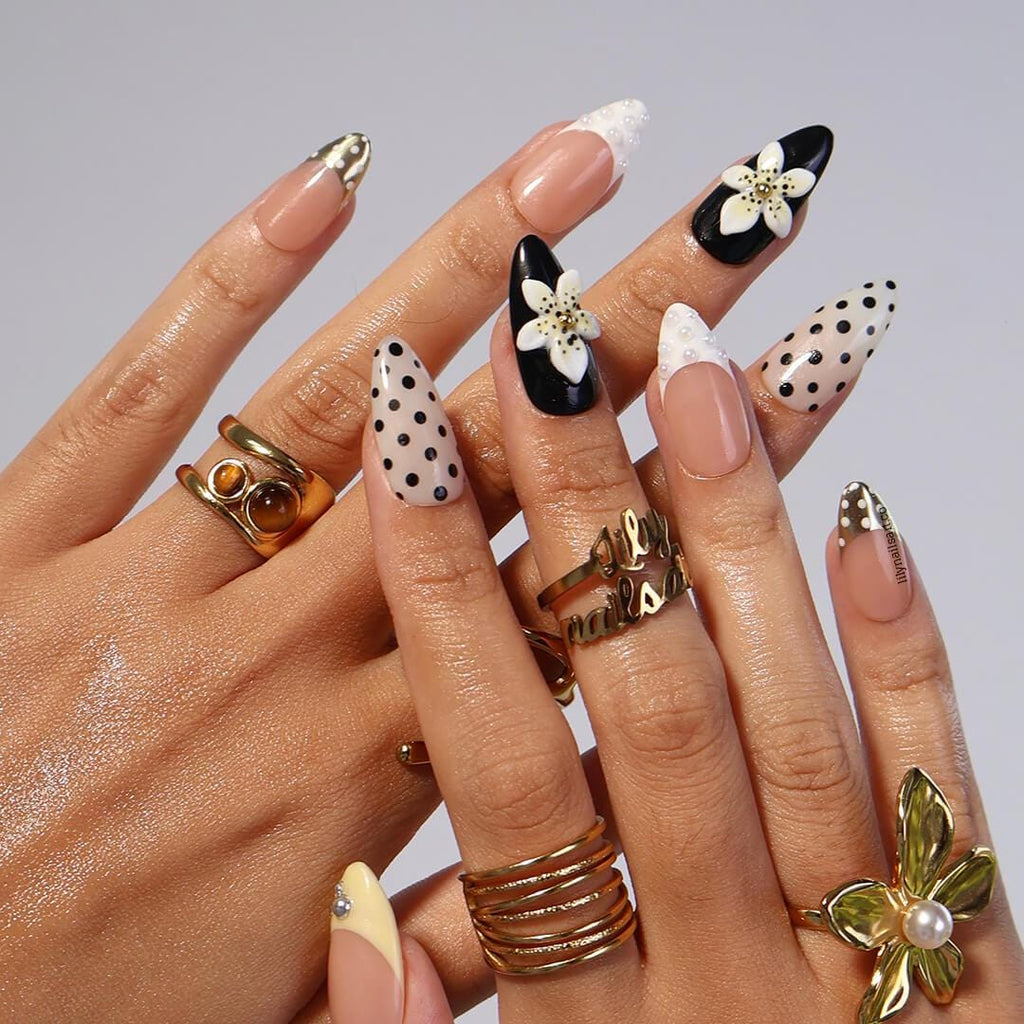 Polka Dot Press on Nail in Trending Yellow Butter, Medium Almond French Tip Fake Nail in Black & White,