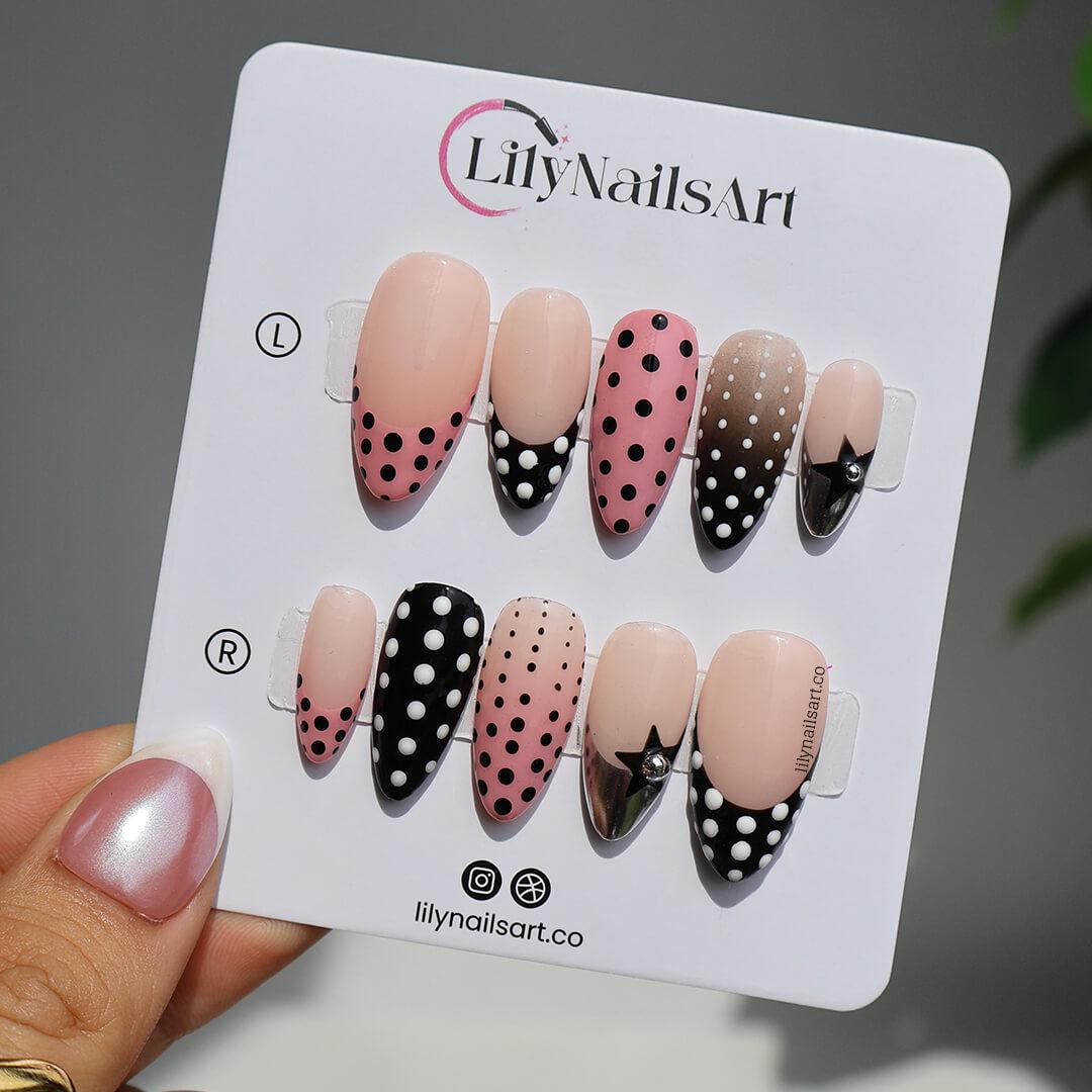Polka Dot Press On Nails in Pink, Black & Metallic Chrome, Medium Almond Fake Dot Nails, Custom Nail Art for Vintage or Modern Chic Looks