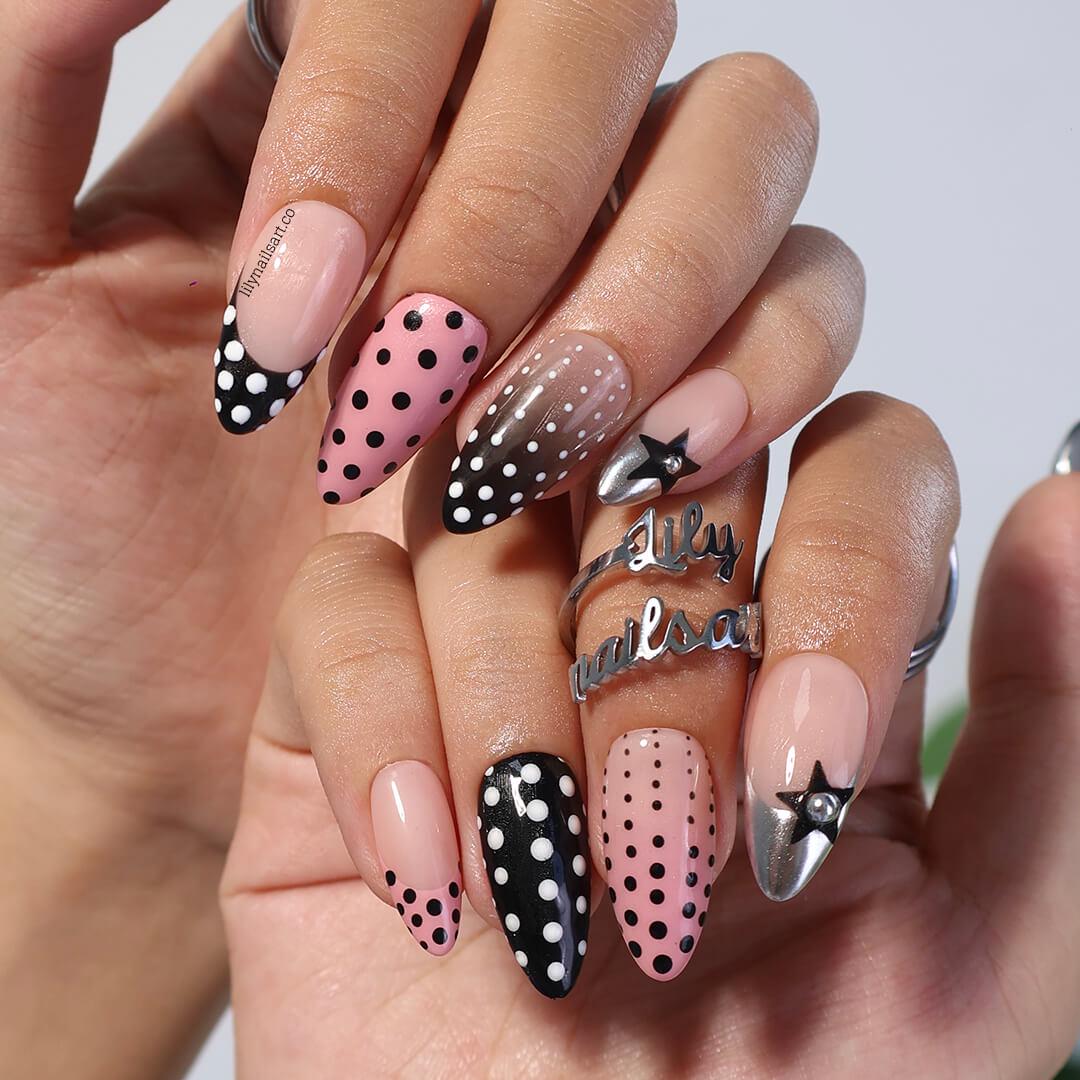 Polka Dot Press On Nails in Pink, Black & Metallic Chrome, Medium Almond Fake Dot Nails, Custom Nail Art for Vintage or Modern Chic Looks