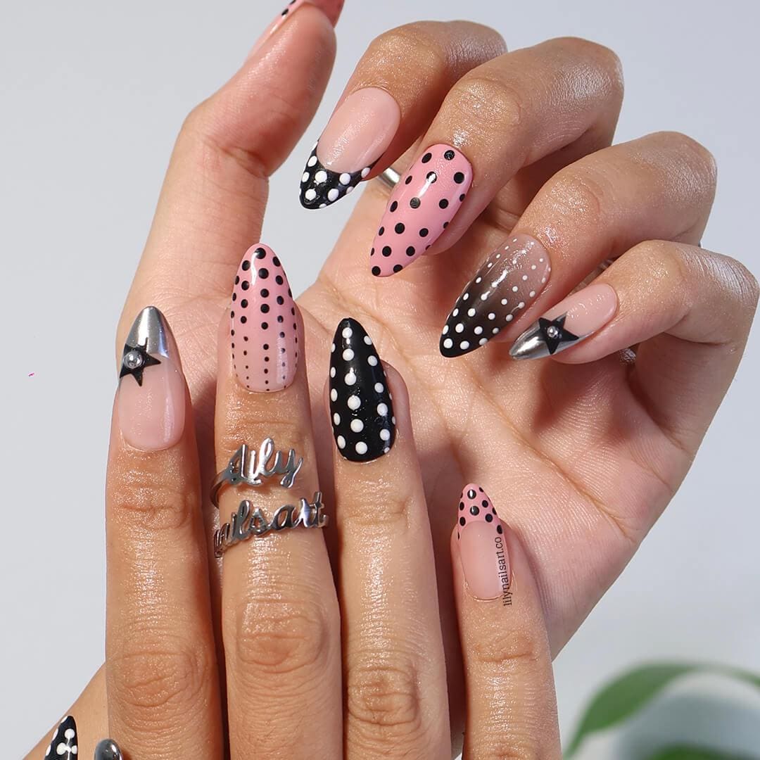 Polka Dot Press On Nails in Pink, Black & Metallic Chrome, Medium Almond Fake Dot Nails, Custom Nail Art for Vintage or Modern Chic Looks