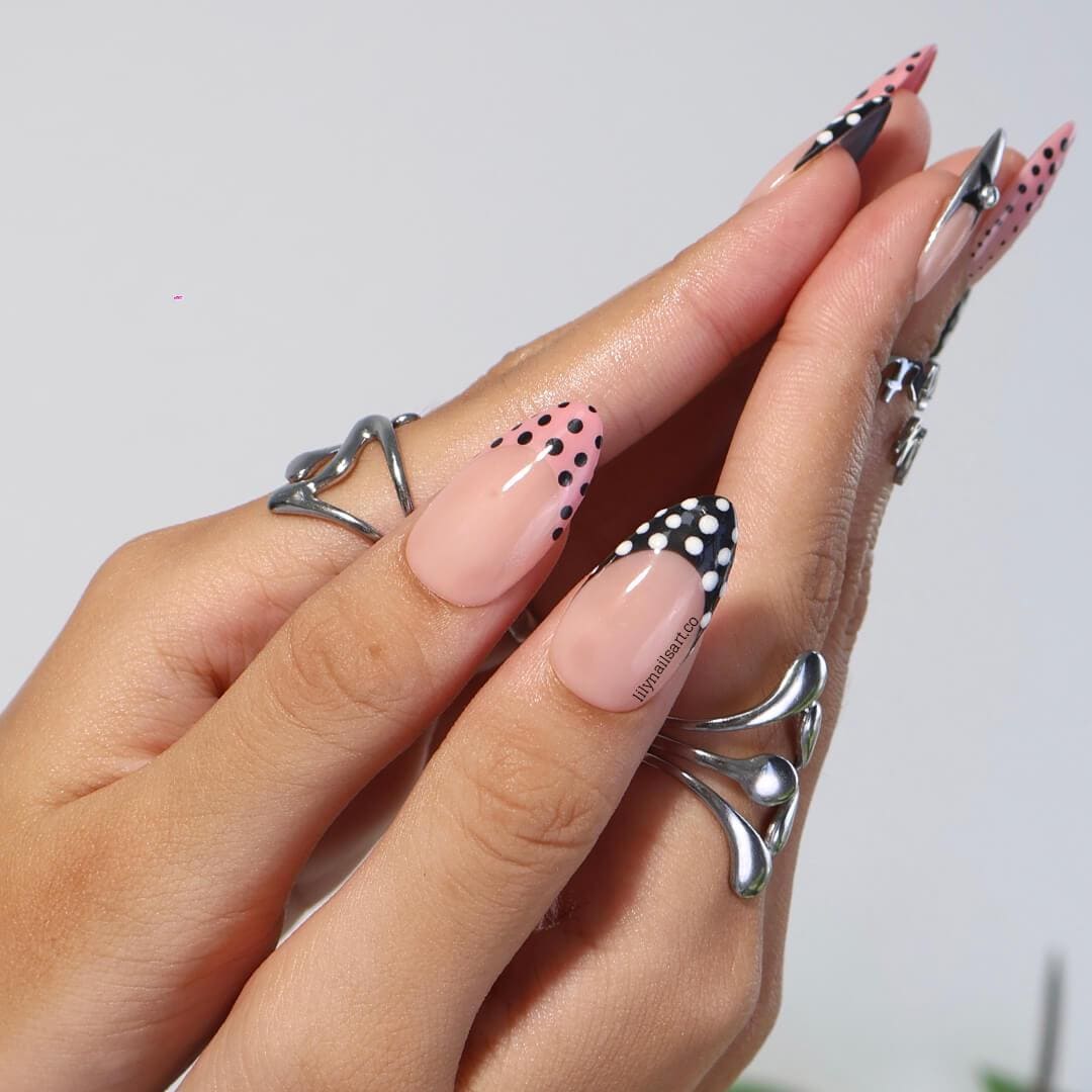 Polka Dot Press On Nails in Pink, Black & Metallic Chrome, Medium Almond Fake Dot Nails, Custom Nail Art for Vintage or Modern Chic Looks