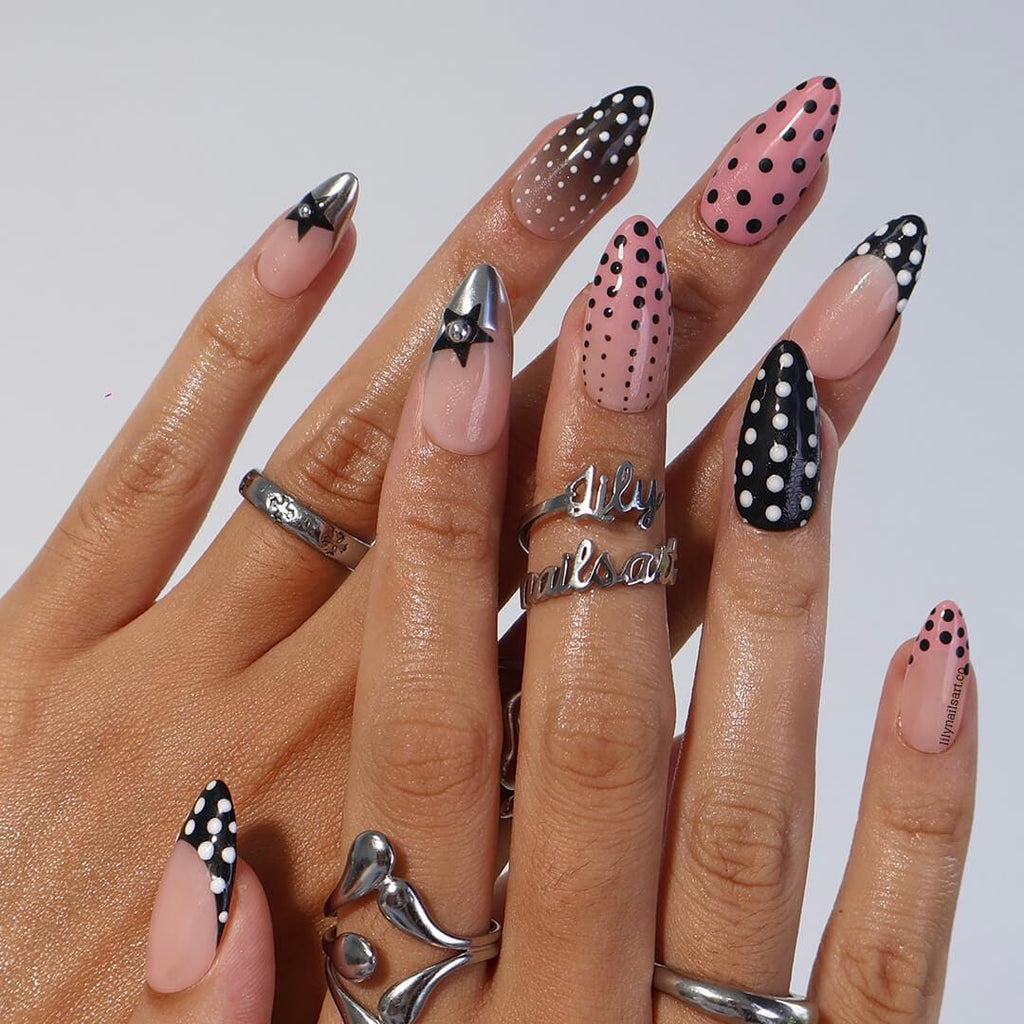 Polka Dot Press On Nails in Pink, Black & Metallic Chrome, Medium Almond Fake Dot Nails, Custom Nail Art for Vintage or Modern Chic Looks
