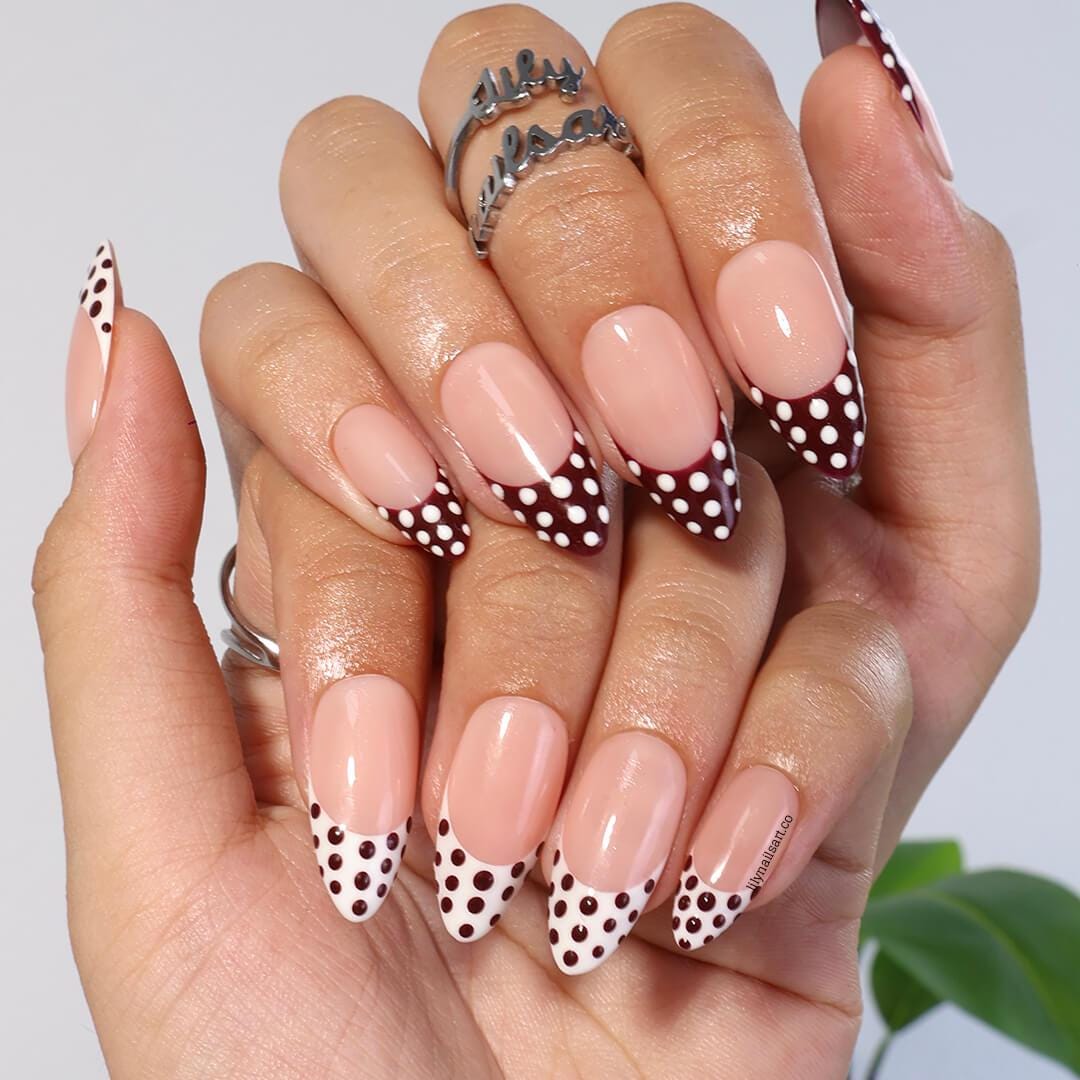Trending Polka Dot French Tip Press On Nails with Nude Base, Medium Almond Burgundy and White Nails, Custom Handmade Nail Art for Everyday
