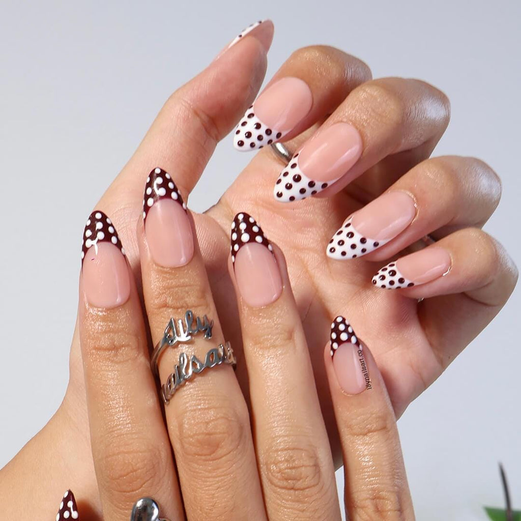Trending Polka Dot French Tip Press On Nails with Nude Base, Medium Almond Burgundy and White Nails, Custom Handmade Nail Art for Everyday