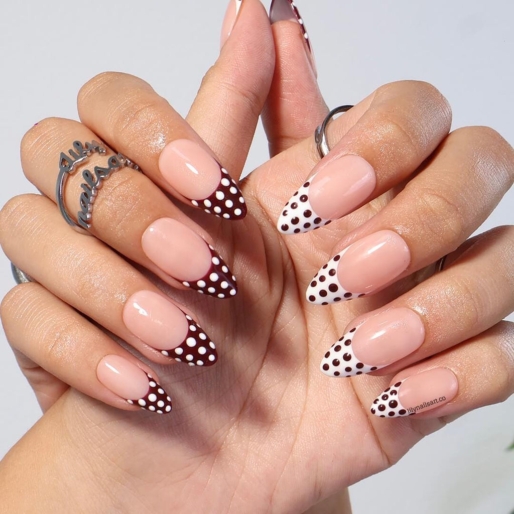 Trending Polka Dot French Tip Press On Nails with Nude Base, Medium Almond Burgundy and White Nails, Custom Handmade Nail Art for Everyday