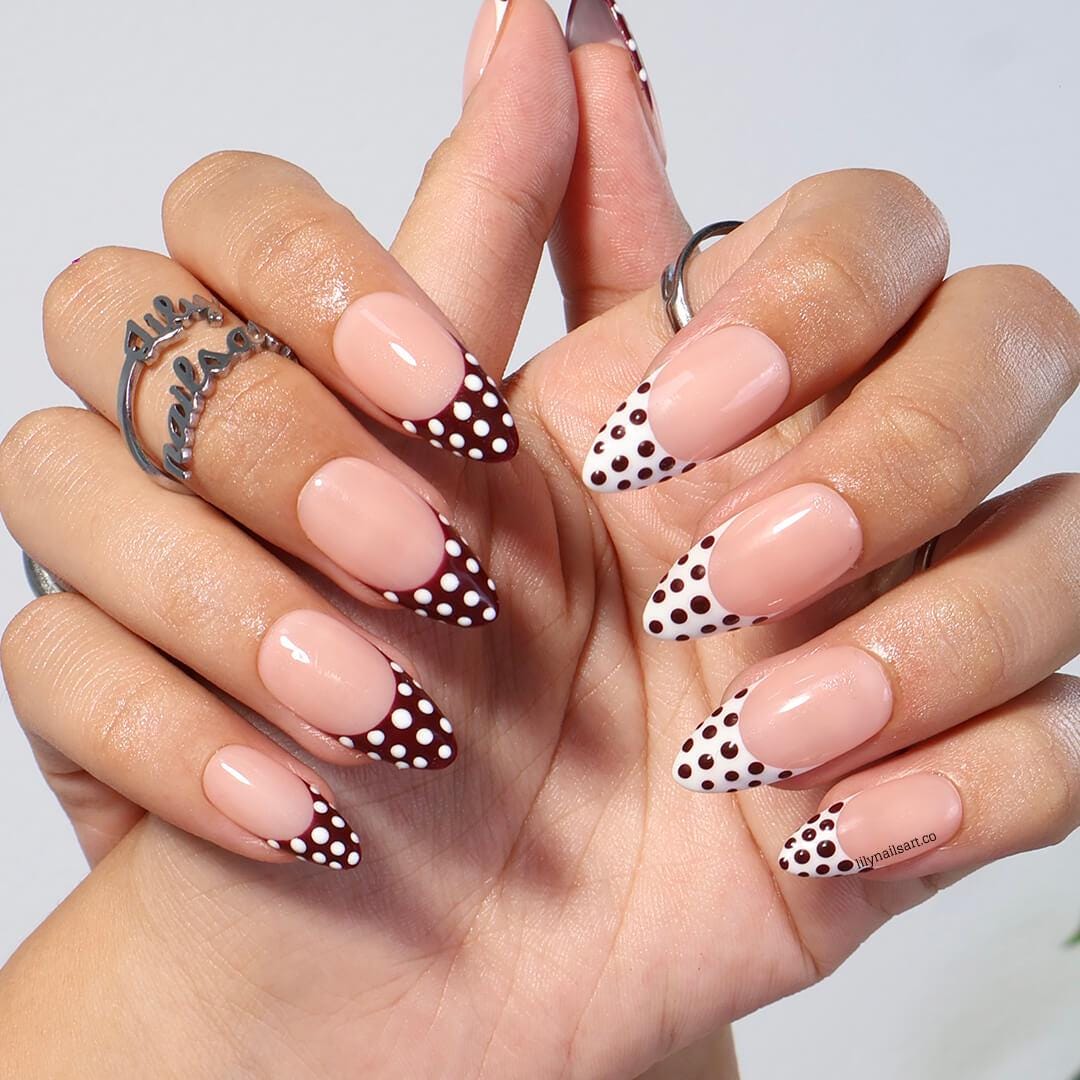 Trending Polka Dot French Tip Press On Nails with Nude Base, Medium Almond Burgundy and White Nails, Custom Handmade Nail Art for Everyday