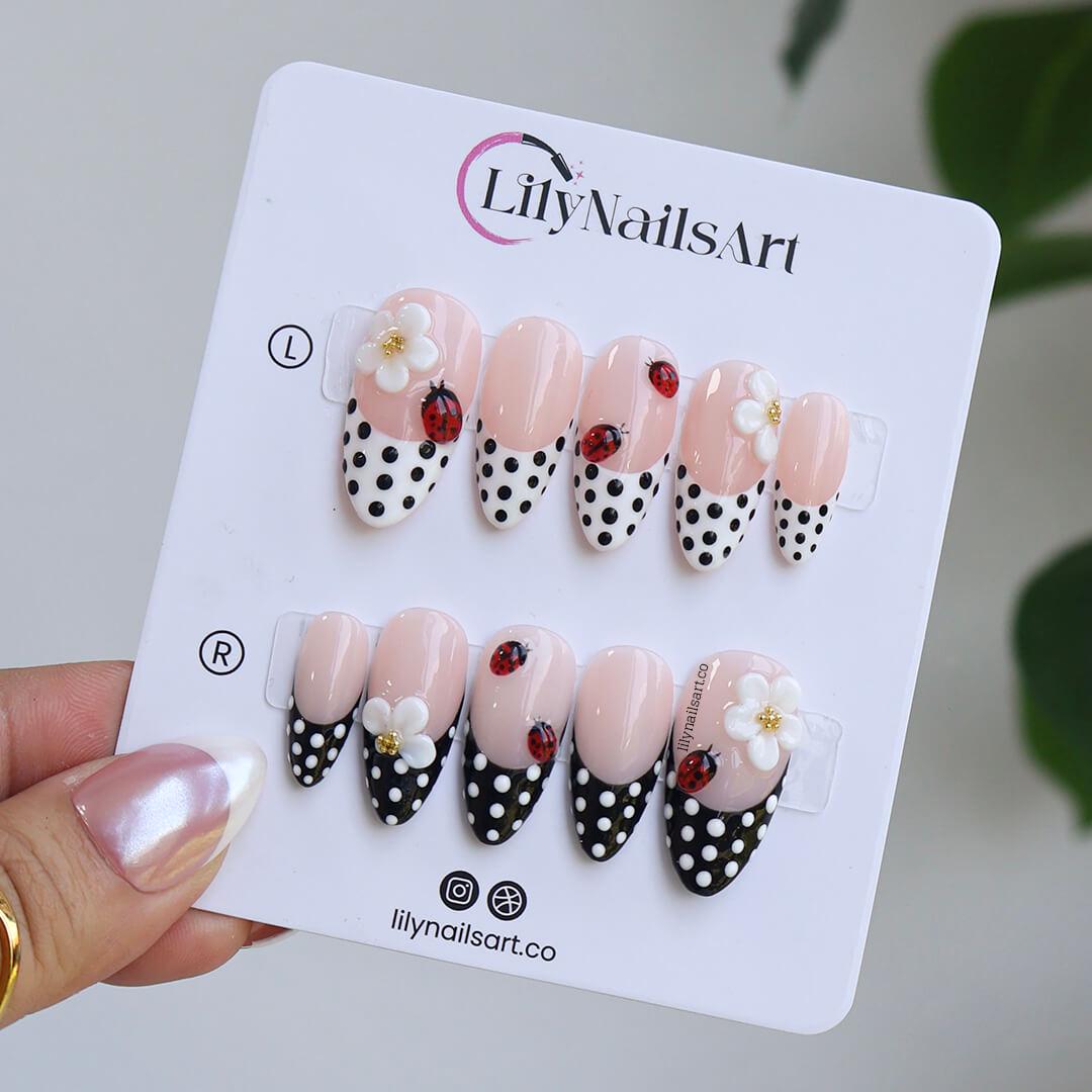 Polka Dot Press on Nails with Ladybug & Daisy | French Tip Fake Nails in Medium Almond | Handmade Spring Nail Art for Everyday Wear Or Gift