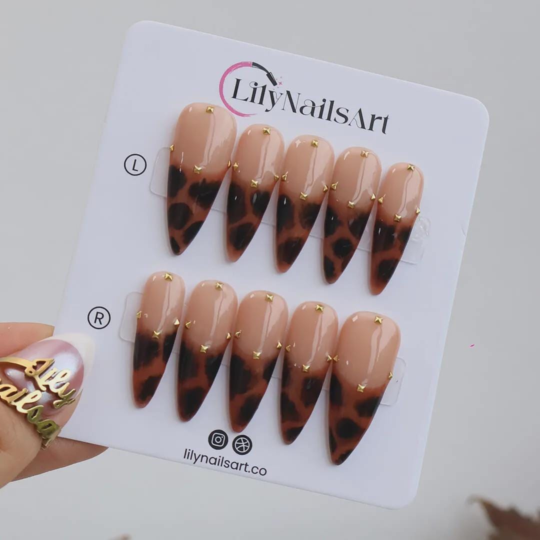Tertoise Brown Leopard French Tip On Milky White Long Stiletto Press On Nails, Gold Diamond Luxury Acrylic Fake Nail Art, Autum Nails