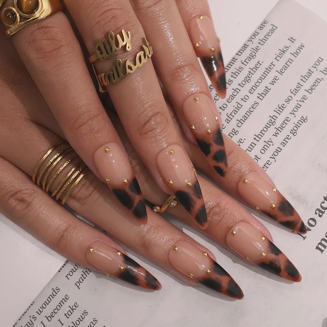 Tertoise Brown Leopard French Tip On Milky White Long Stiletto Press On Nails, Gold Diamond Luxury Acrylic Fake Nail Art, Autum Nails