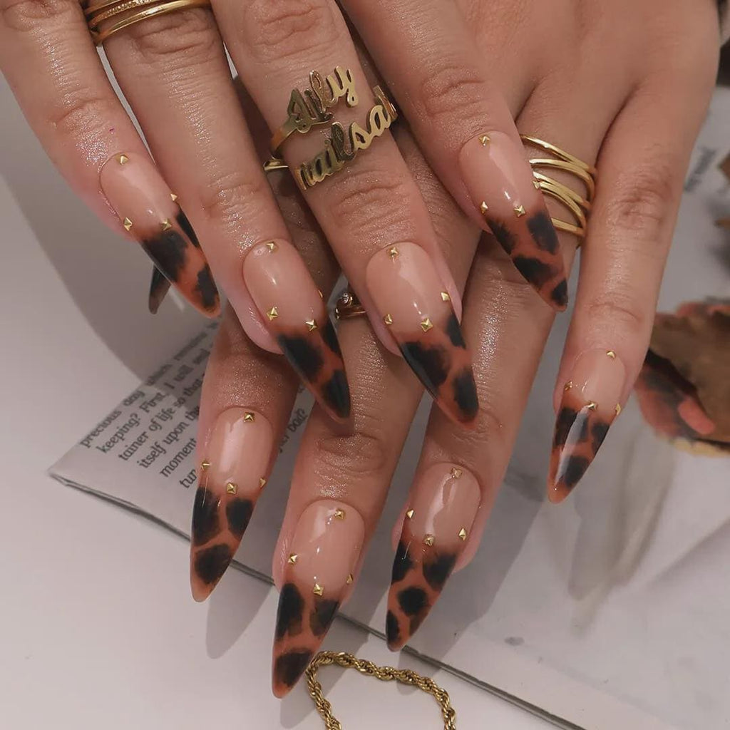 Tertoise Brown Leopard French Tip On Milky White Long Stiletto Press On Nails, Gold Diamond Luxury Acrylic Fake Nail Art, Autum Nails