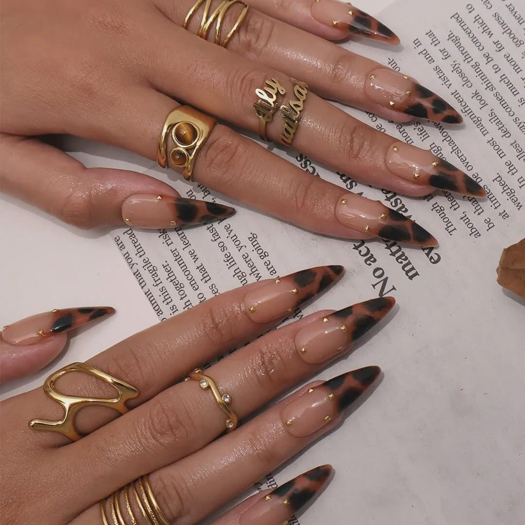 Tertoise Brown Leopard French Tip On Milky White Long Stiletto Press On Nails, Gold Diamond Luxury Acrylic Fake Nail Art, Autum Nails