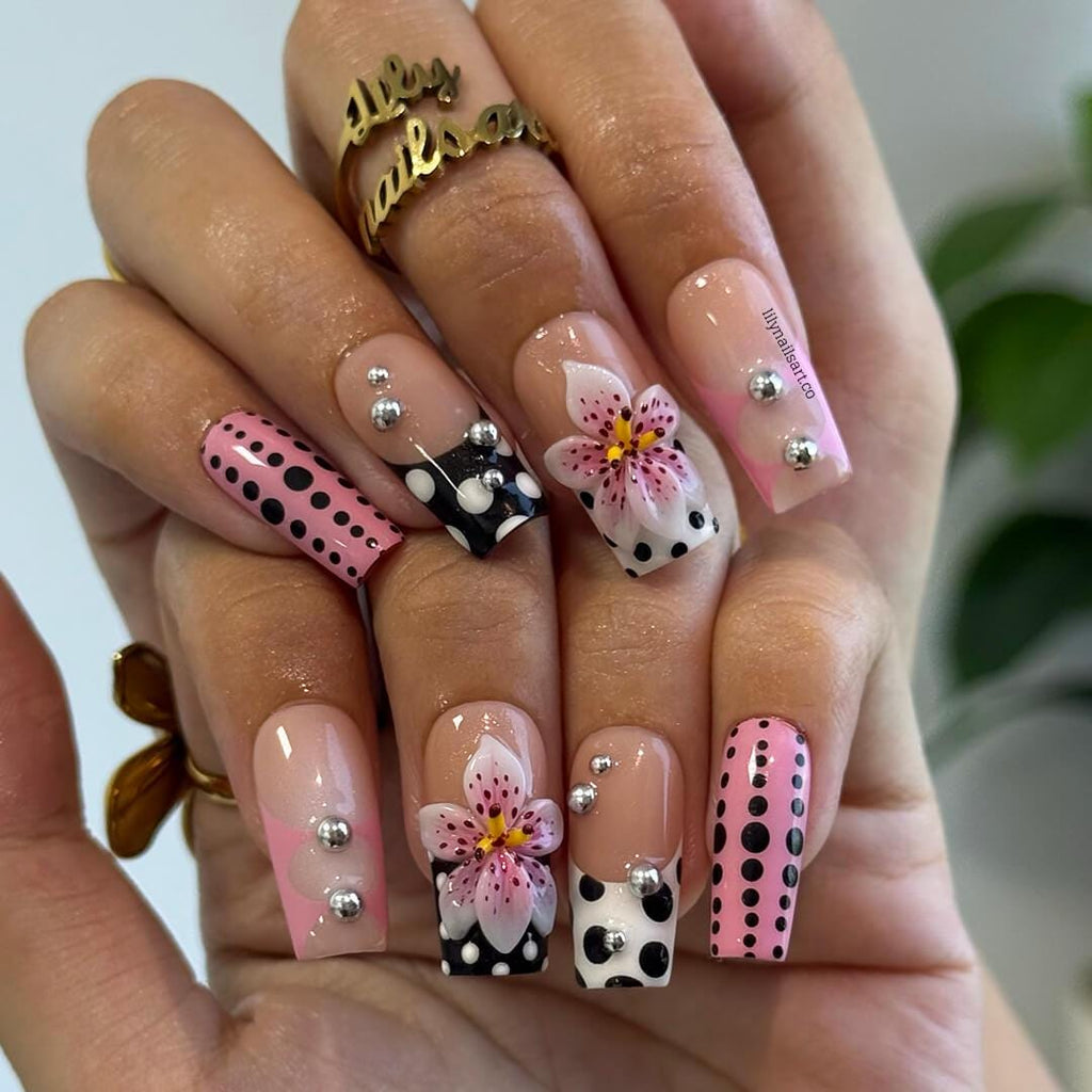 Polka Dot Press On Nail, Pink and Black Retro with 3D Flower & Silver Bead | Fake Nail in Medium Square | Handmade Nail Art for Everyday