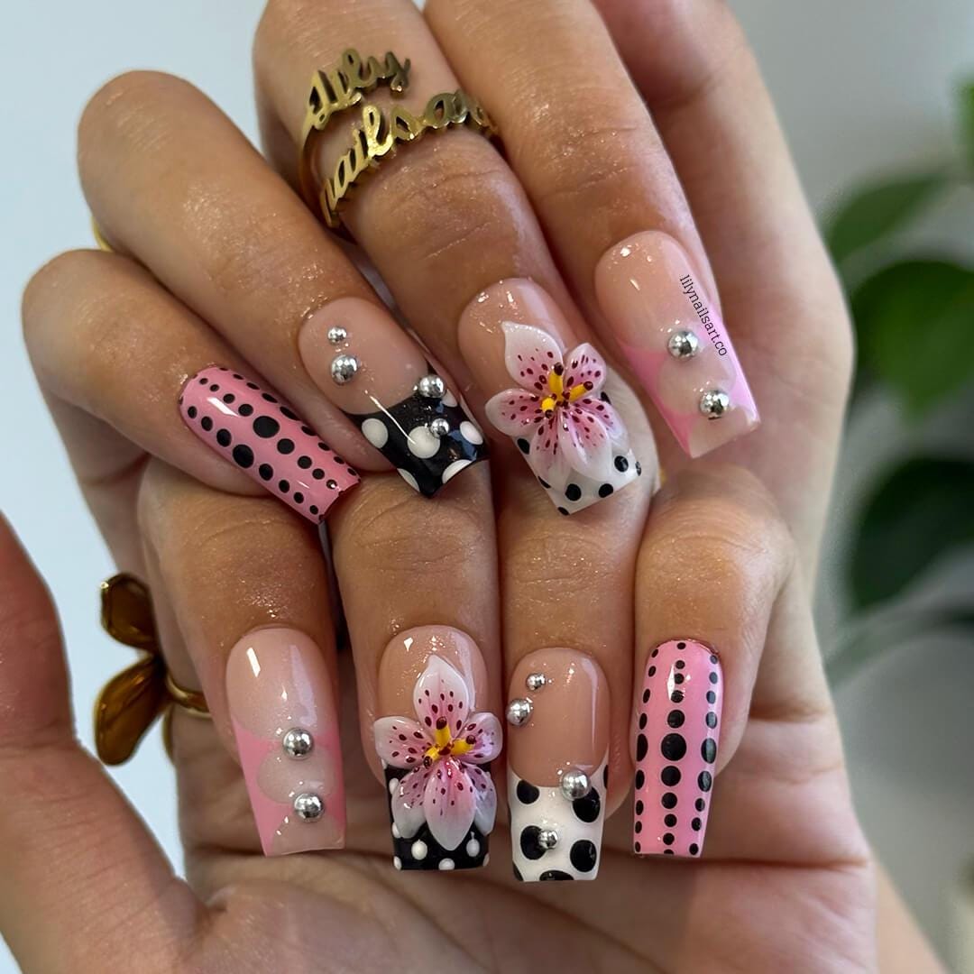Polka Dot Press On Nail, Pink and Black Retro with 3D Flower & Silver Bead | Fake Nail in Medium Square | Handmade Nail Art for Everyday