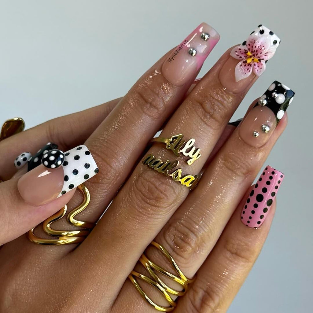 Polka Dot Press On Nail, Pink and Black Retro with 3D Flower & Silver Bead | Fake Nail in Medium Square | Handmade Nail Art for Everyday