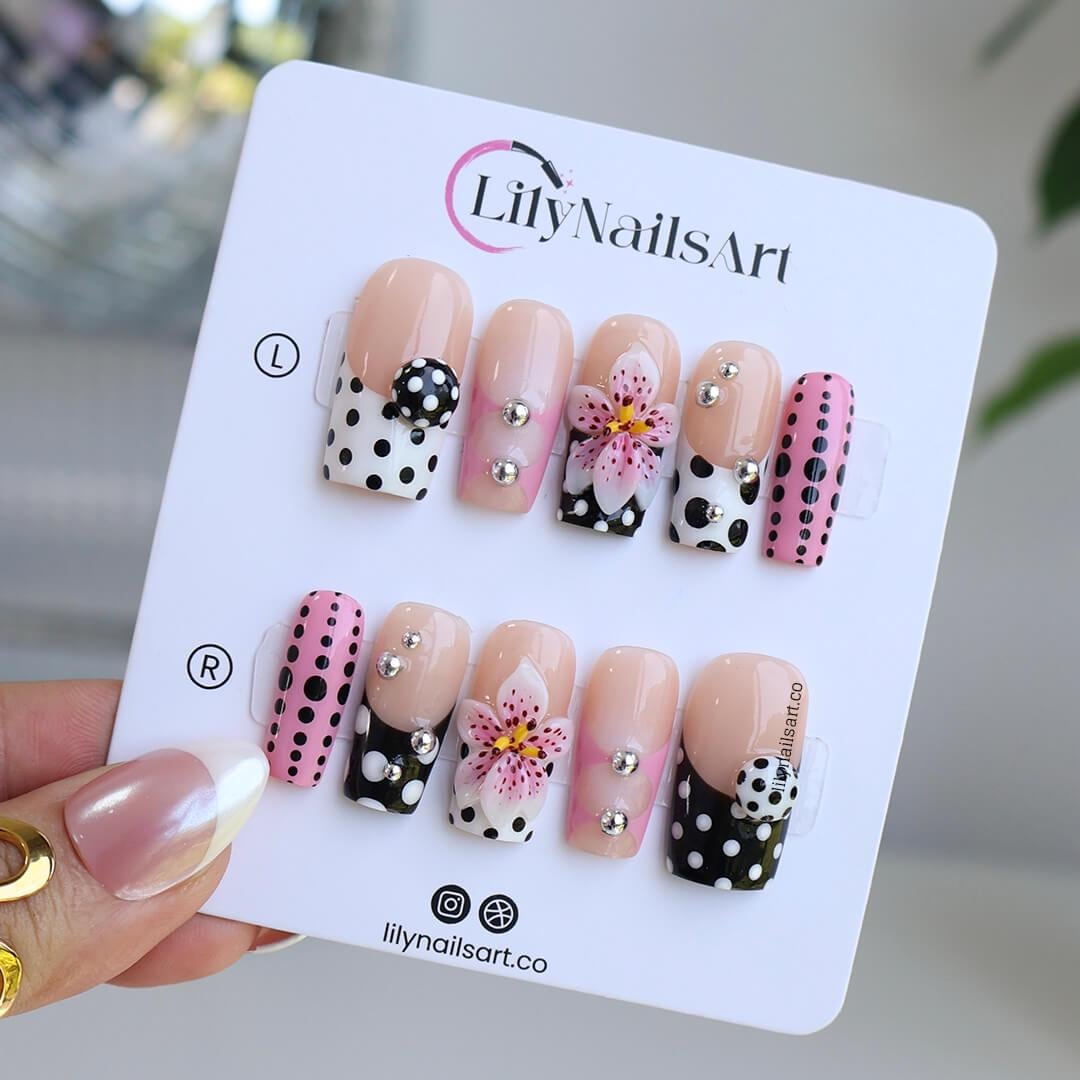 Polka Dot Press On Nail, Pink and Black Retro with 3D Flower & Silver Bead | Fake Nail in Medium Square | Handmade Nail Art for Everyday