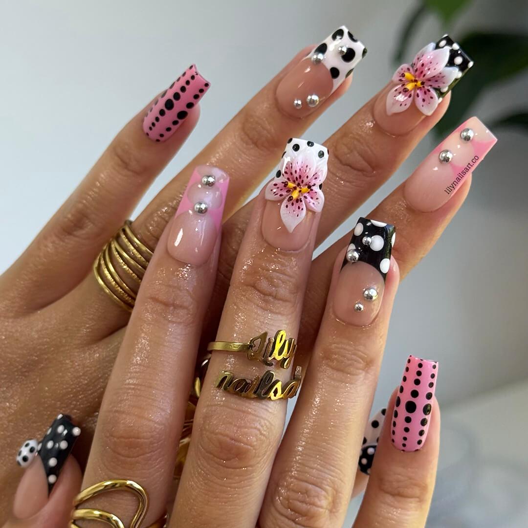 Polka Dot Press On Nail, Pink and Black Retro with 3D Flower & Silver Bead | Fake Nail in Medium Square | Handmade Nail Art for Everyday