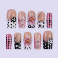 Polka Dot Press On Nail, Pink and Black Retro with 3D Flower & Silver Bead | Fake Nail in Medium Square | Handmade Nail Art for Everyday