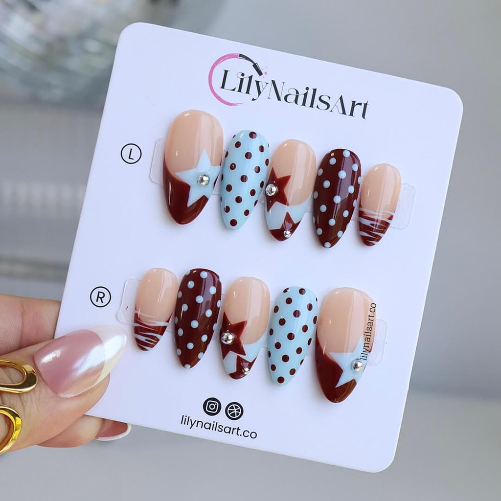 Polka Dot Press On Nails with Retro Stars in Red & Blue | Medium Almond Fake Nails | Handmade Vintage Nail Art for Everyday Wear Or Gift
