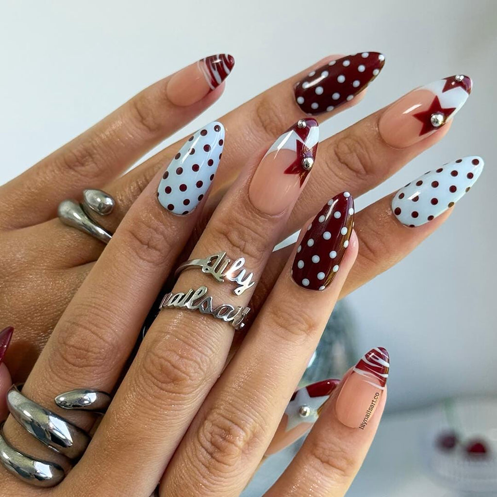 Polka Dot Press On Nails with Retro Stars in Red & Blue | Medium Almond Fake Nails | Handmade Vintage Nail Art for Everyday Wear Or Gift
