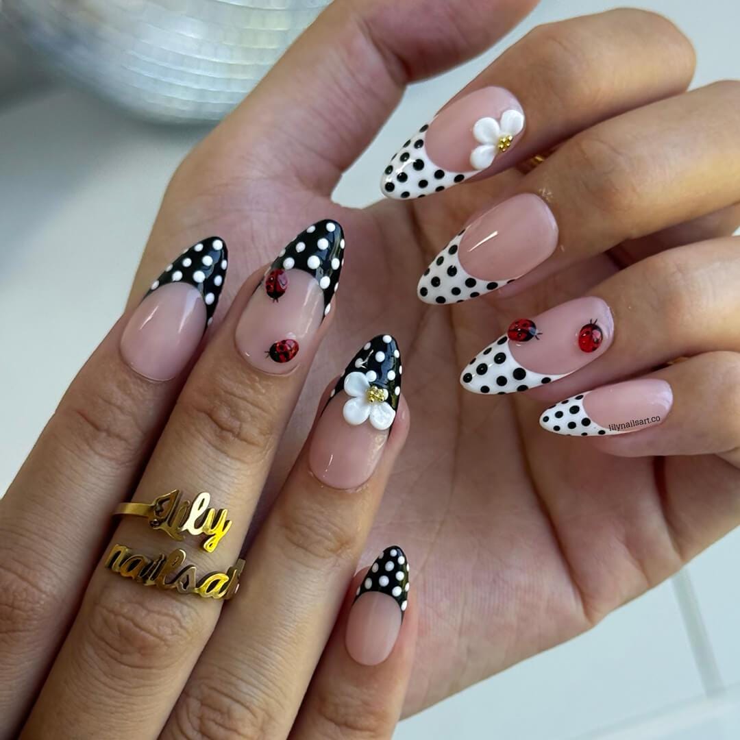 Polka Dot Press on Nails with Ladybug & Daisy | French Tip Fake Nails in Medium Almond | Handmade Spring Nail Art for Everyday Wear Or Gift