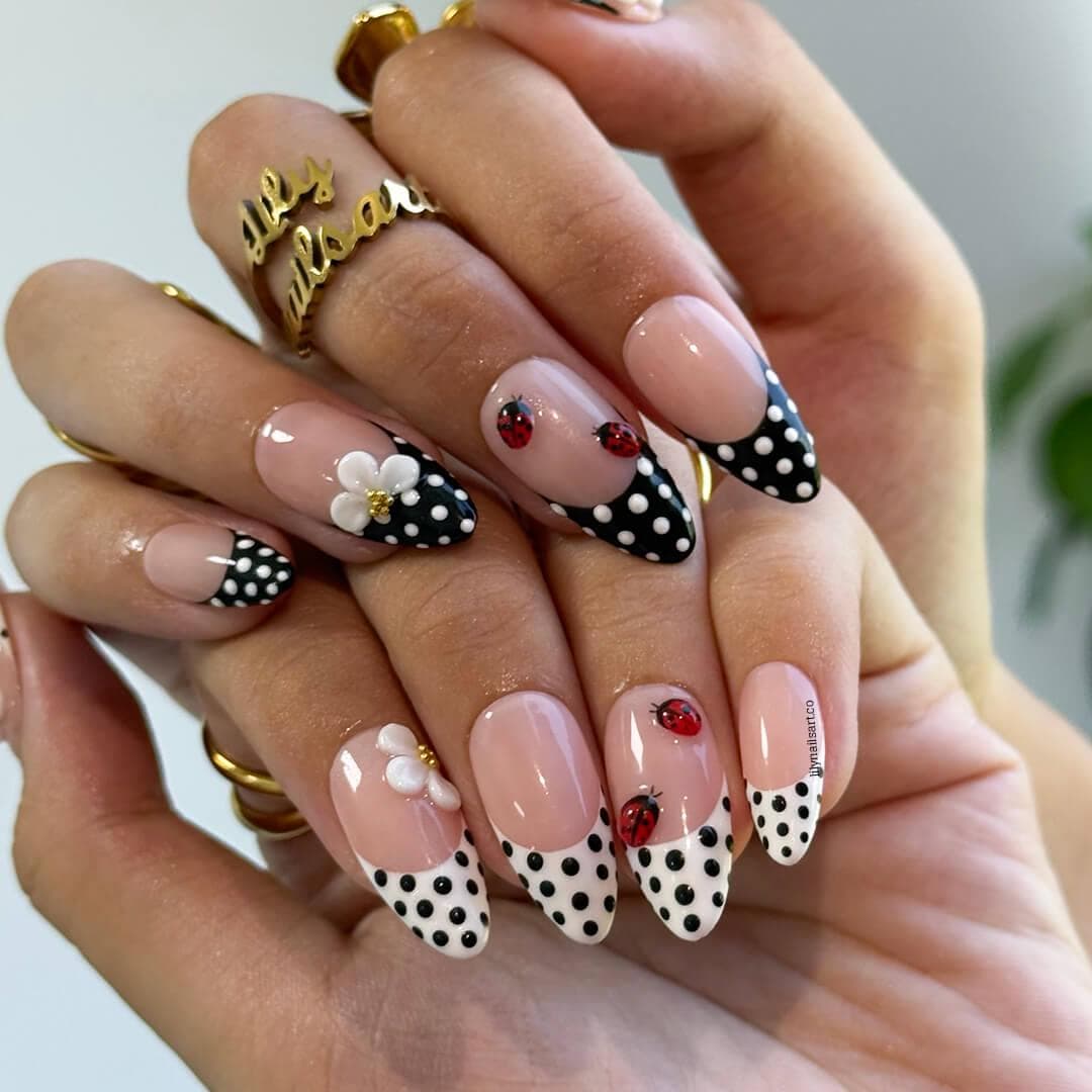 Polka Dot Press on Nails with Ladybug & Daisy | French Tip Fake Nails in Medium Almond | Handmade Spring Nail Art for Everyday Wear Or Gift
