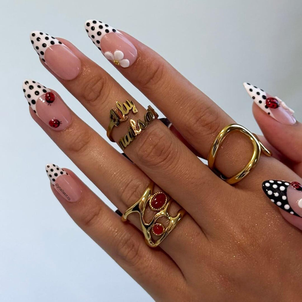 Polka Dot Press on Nails with Ladybug & Daisy | French Tip Fake Nails in Medium Almond | Handmade Spring Nail Art for Everyday Wear Or Gift
