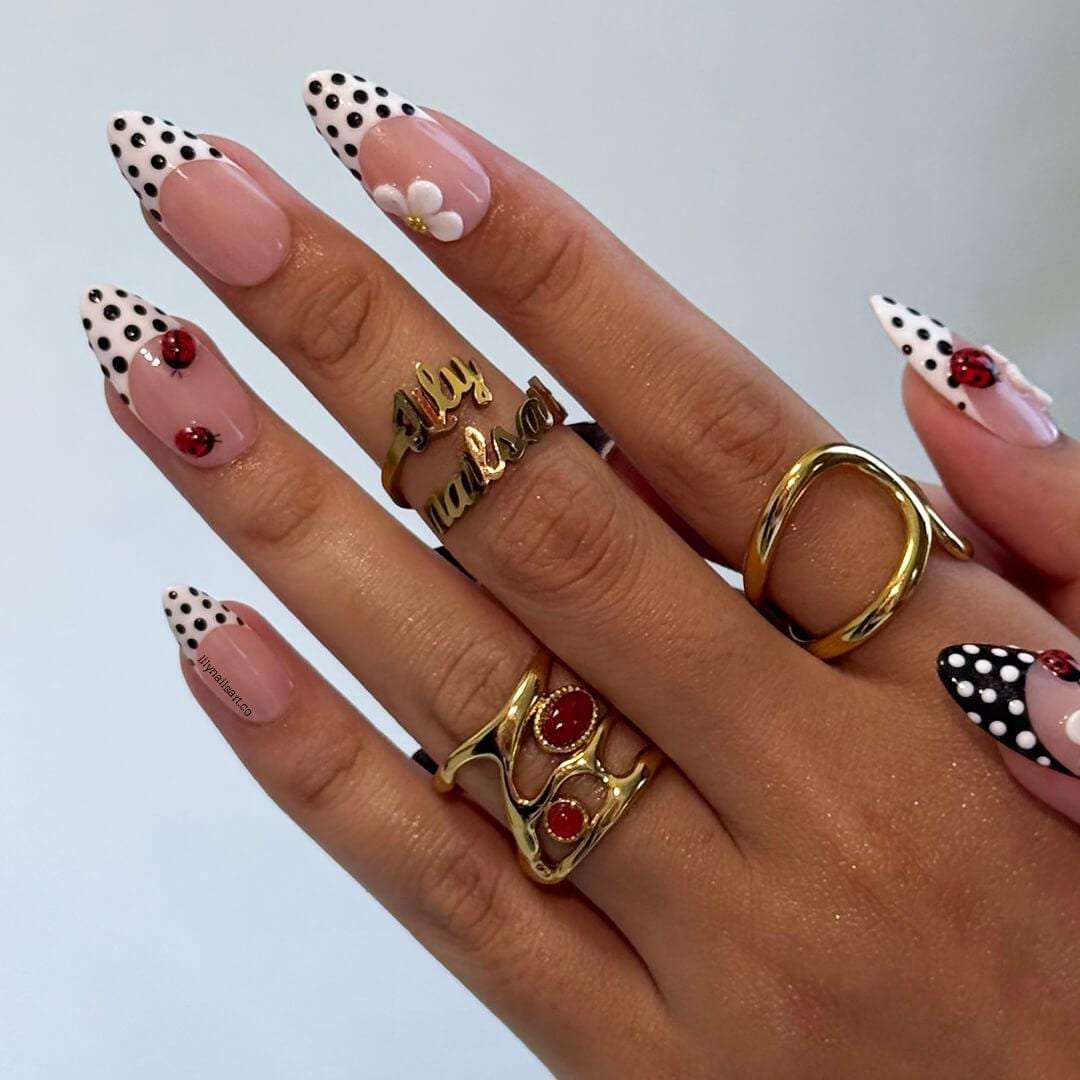 Polka Dot Press on Nails with Ladybug & Daisy | French Tip Fake Nails in Medium Almond | Handmade Spring Nail Art for Everyday Wear Or Gift