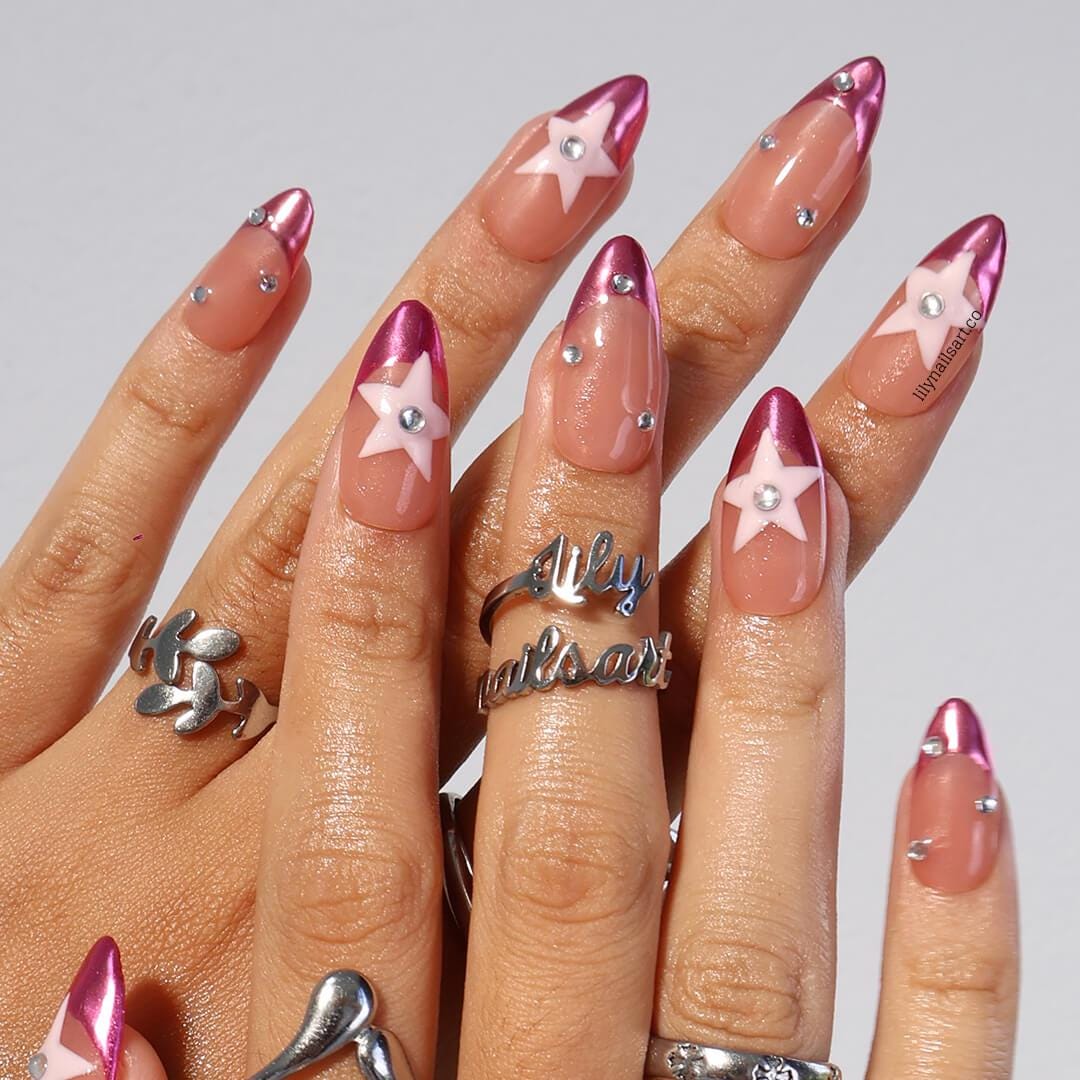 Pink Chrome Press On Nail in Medium Almond, Handmade Fake Nail with Pastel Star and French Tip, Custom Handmade Nail for Party or Everyday