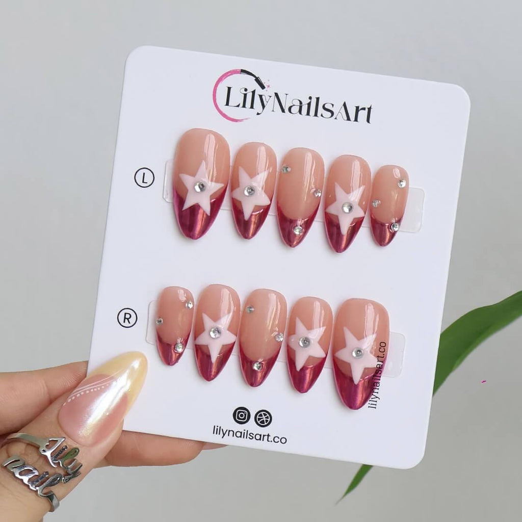 Pink Chrome Press On Nail in Medium Almond, Handmade Fake Nail with Pastel Star and French Tip, Custom Handmade Nail for Party or Everyday