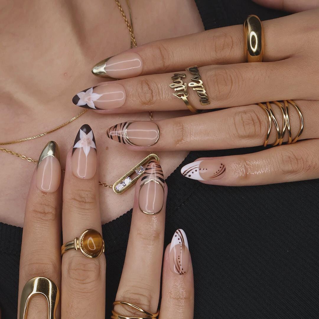 Autumn Press On Nails with Tortoiseshell, Gold Tips & Floral | Nude Fake Nails in Medium Almond | Handmade Nail Art for Everyday Looks
