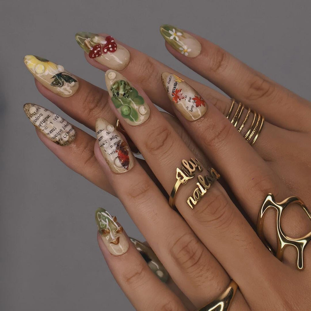 Autumn Press On Nails with Mushrooms, Leaves & Acorns | Fake Nails in Medium Almond | Handmade Nail Art for Fall Looks, Parties Or Gifts