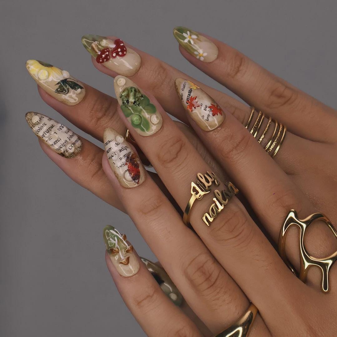 Autumn Press On Nails with Mushrooms, Leaves & Acorns | Fake Nails in Medium Almond | Handmade Nail Art for Fall Looks, Parties Or Gifts
