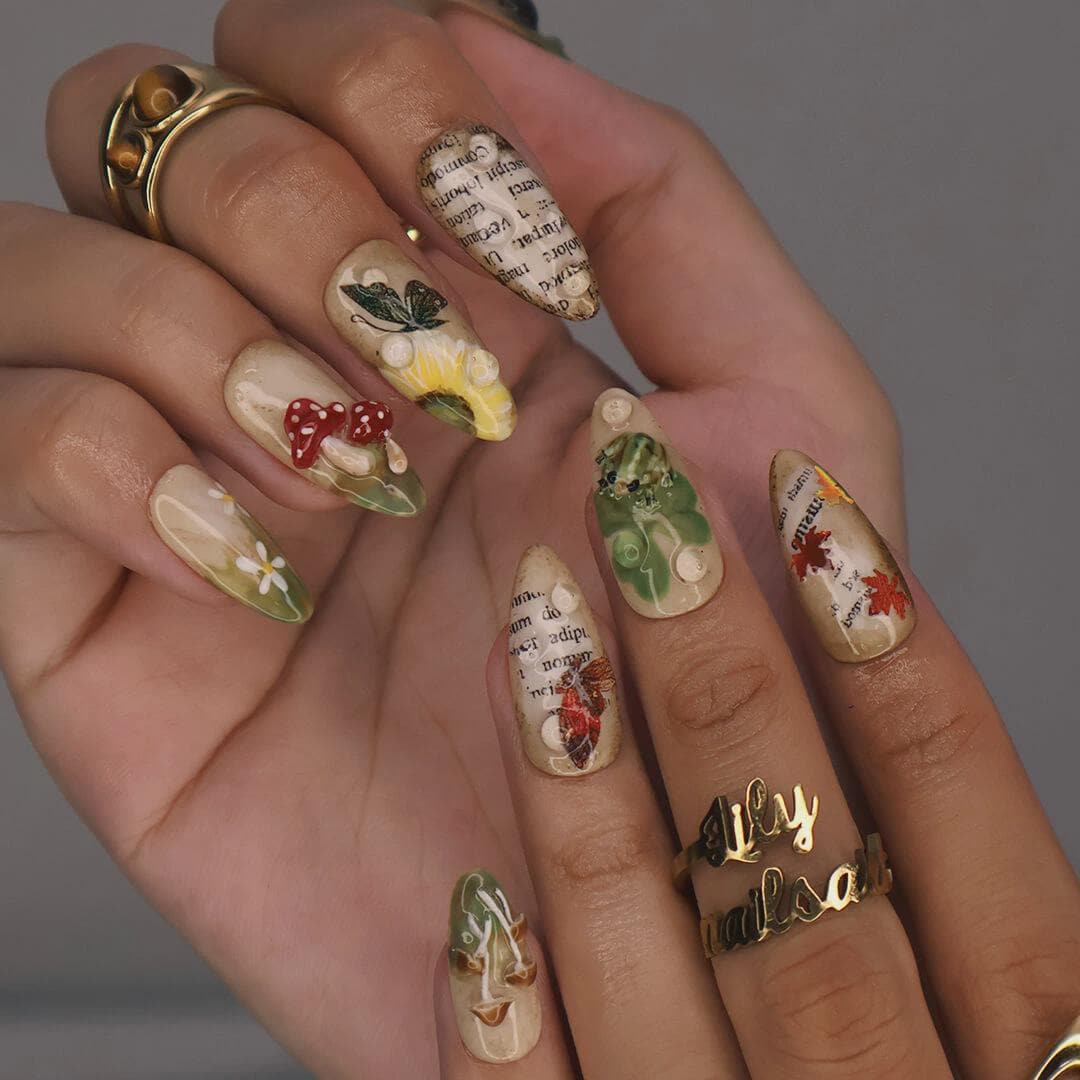 Autumn Press On Nails with Mushrooms, Leaves & Acorns | Fake Nails in Medium Almond | Handmade Nail Art for Fall Looks, Parties Or Gifts